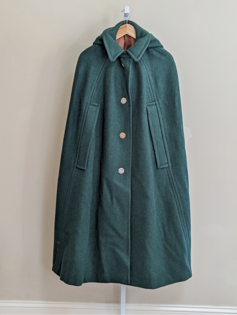 1970s Austrian Loden Wool Hooded Cape Forest Green Tiroler Adler